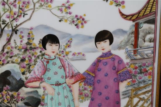 A Chinese famille rose plaque, framed width 39cm height 62cm
